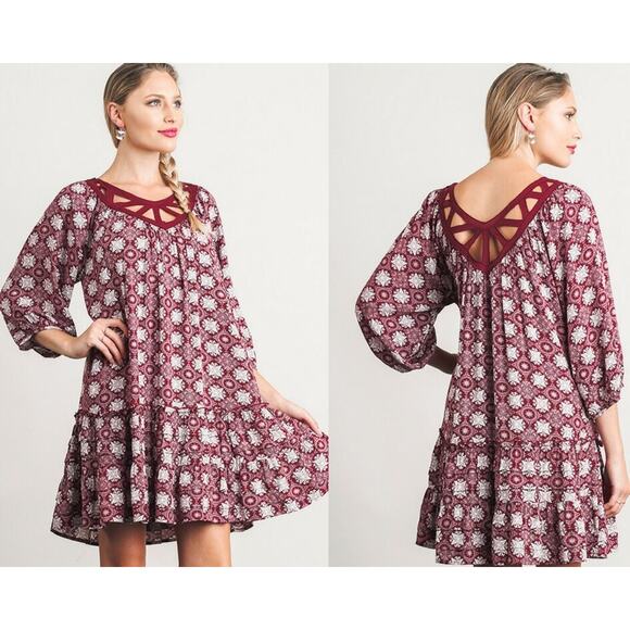Umgee Wine Medallion Lattice 3/4 Bishop Sleeve A-Line‎ Dress Small - Picture 1 of 6